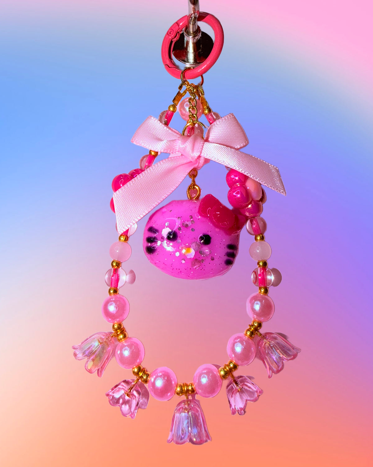 Kitty in Bloom ♡ Beaded Bag Charm, Keychain + Phone Wristlet