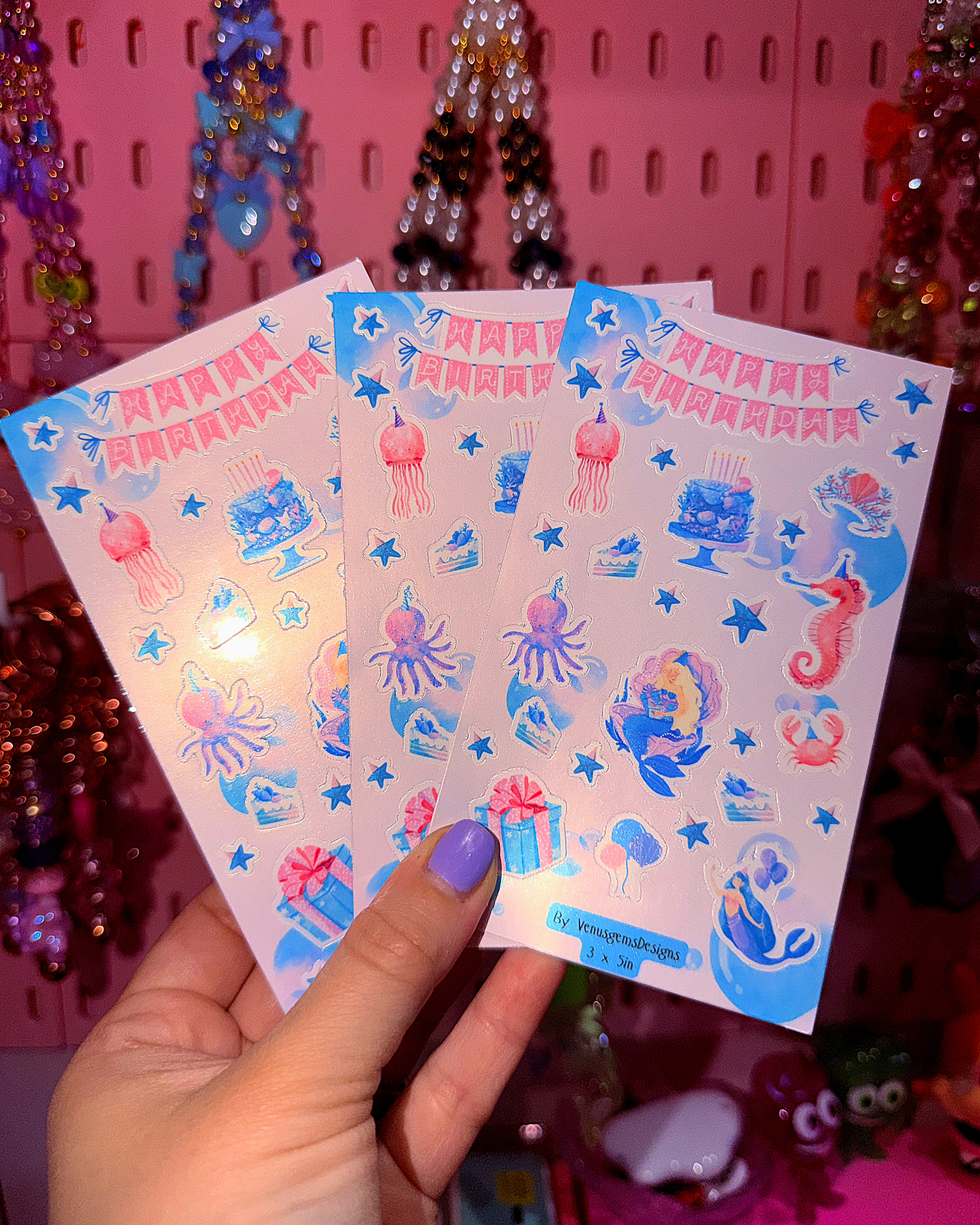 Mermaid Birthday Sticker Sheet Set ♡ Glossy or Glitter Stickers - 3x5in