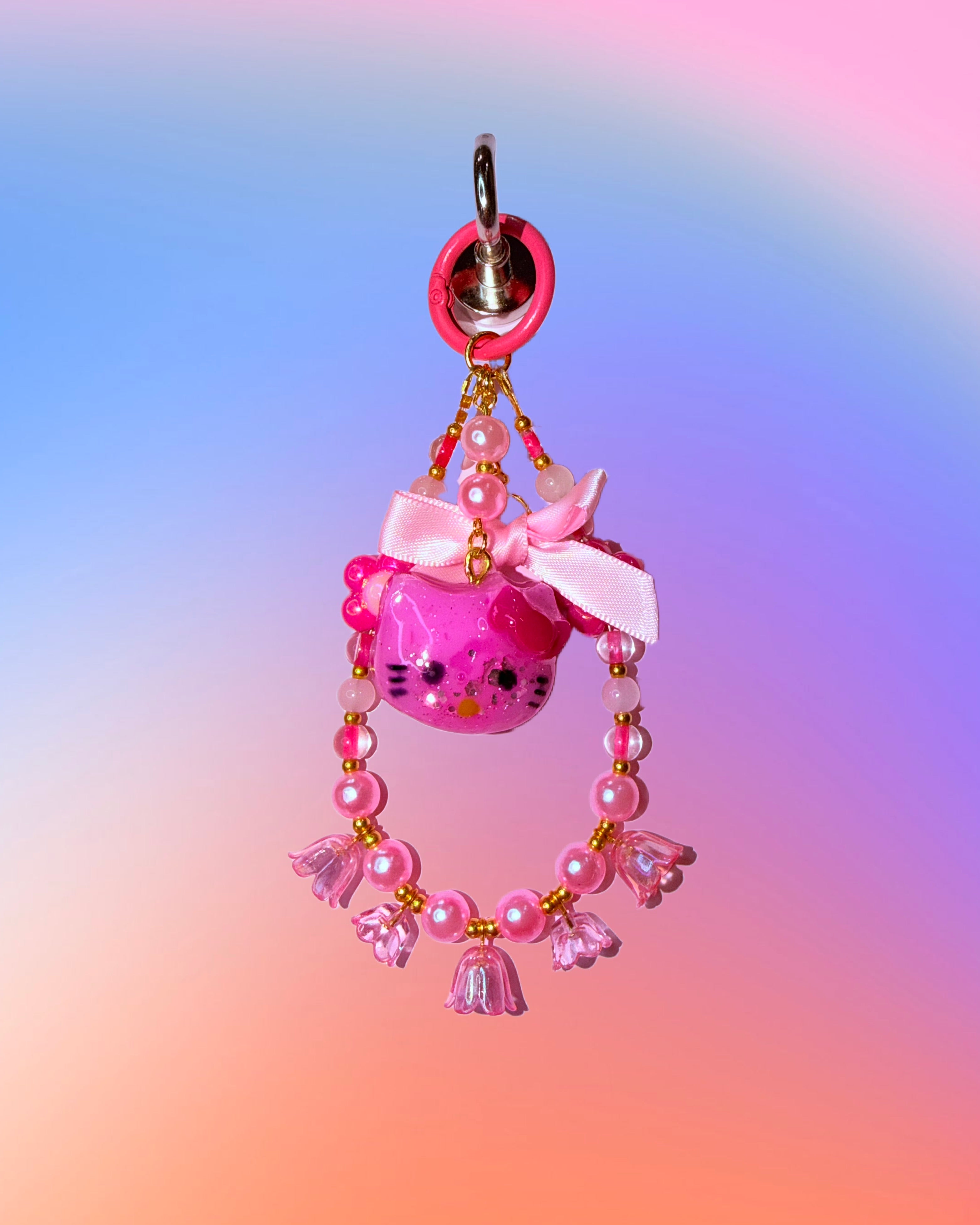 Kitty in Bloom ♡ Beaded Bag Charm, Keychain + Phone Wristlet