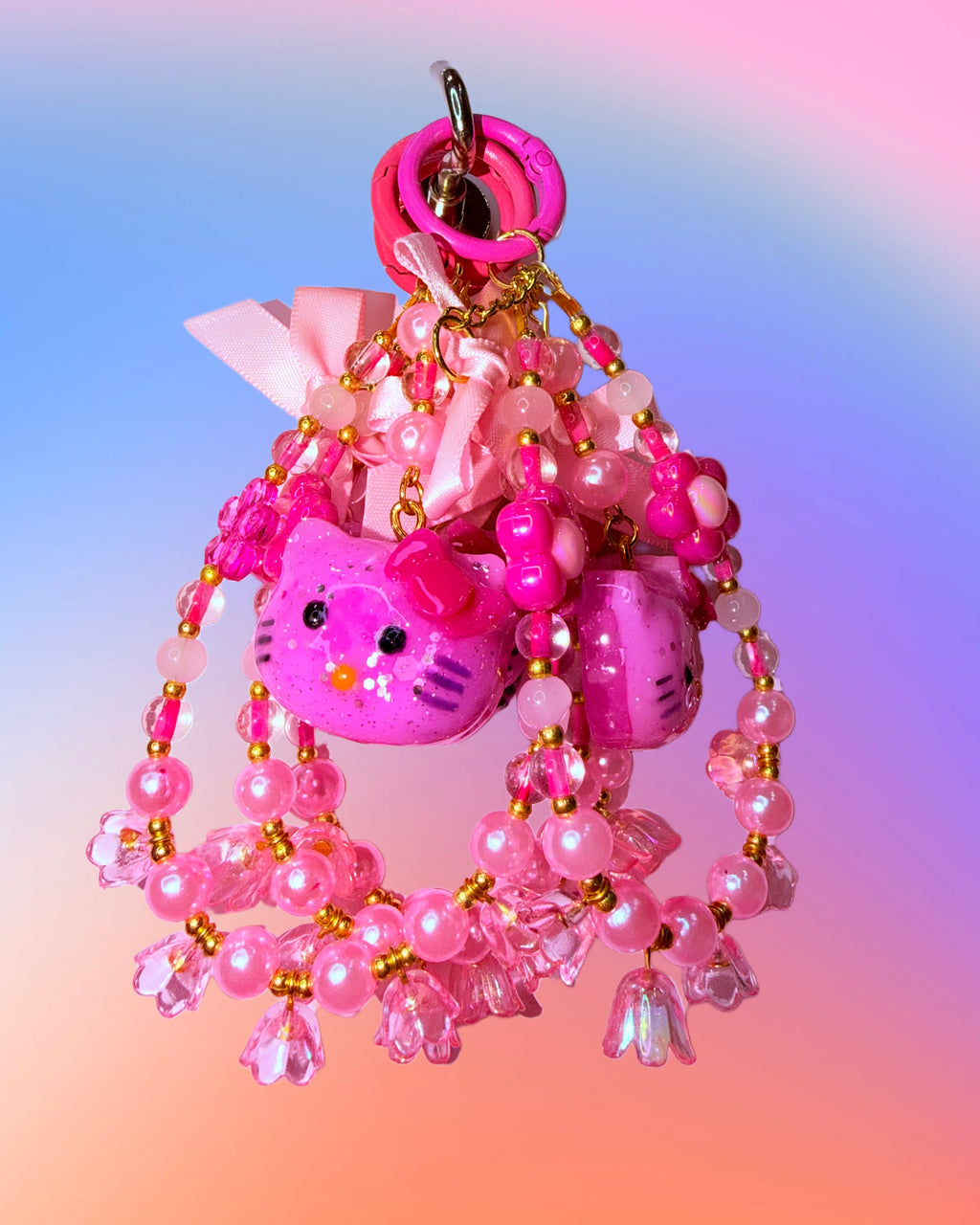 Kitty in Bloom ♡ Beaded Bag Charm, Keychain + Phone Wristlet