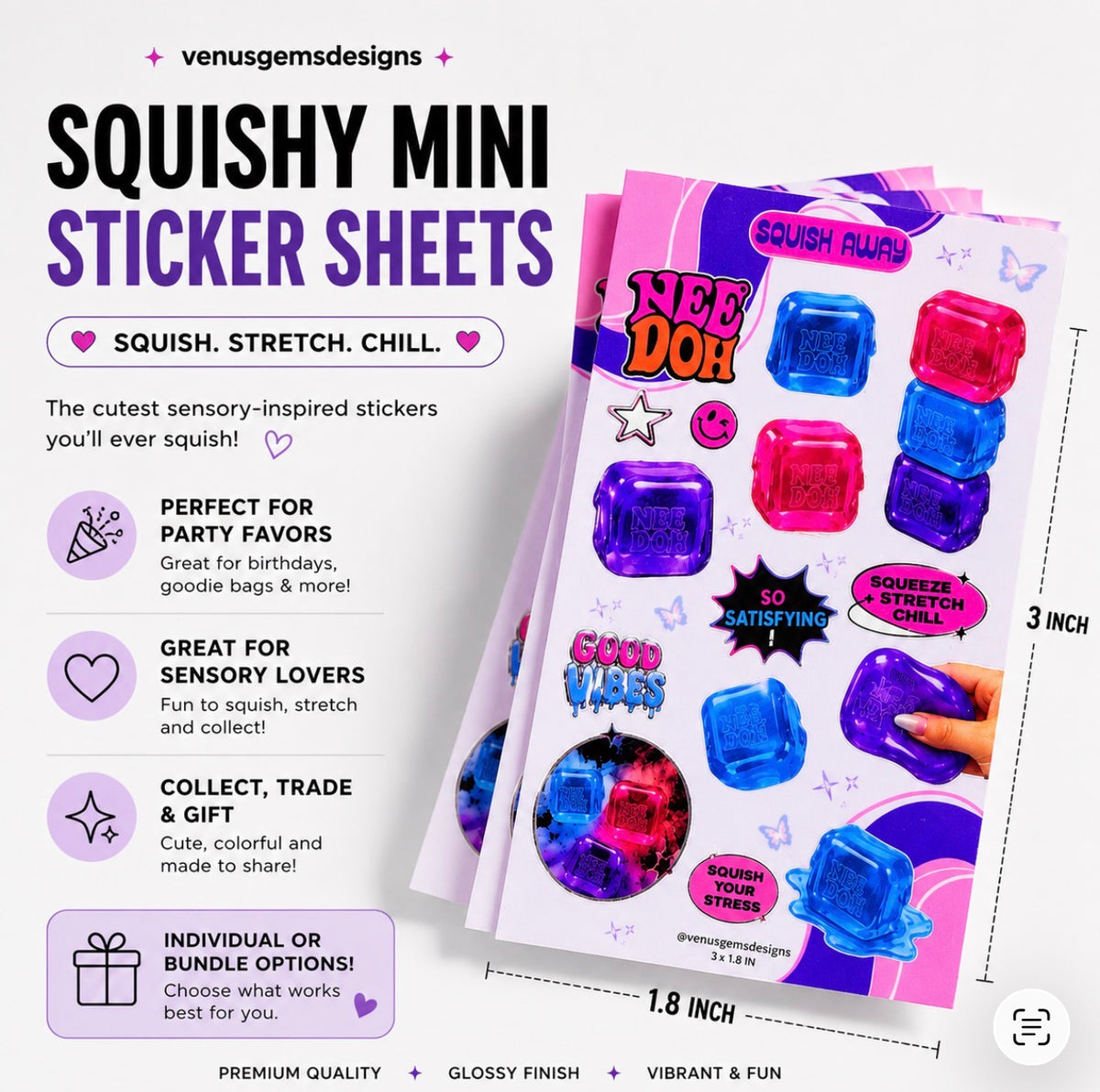 Mini Squish Away Mini Sticker Sheets ♡ Glossy or Holographic - 3x1.8in