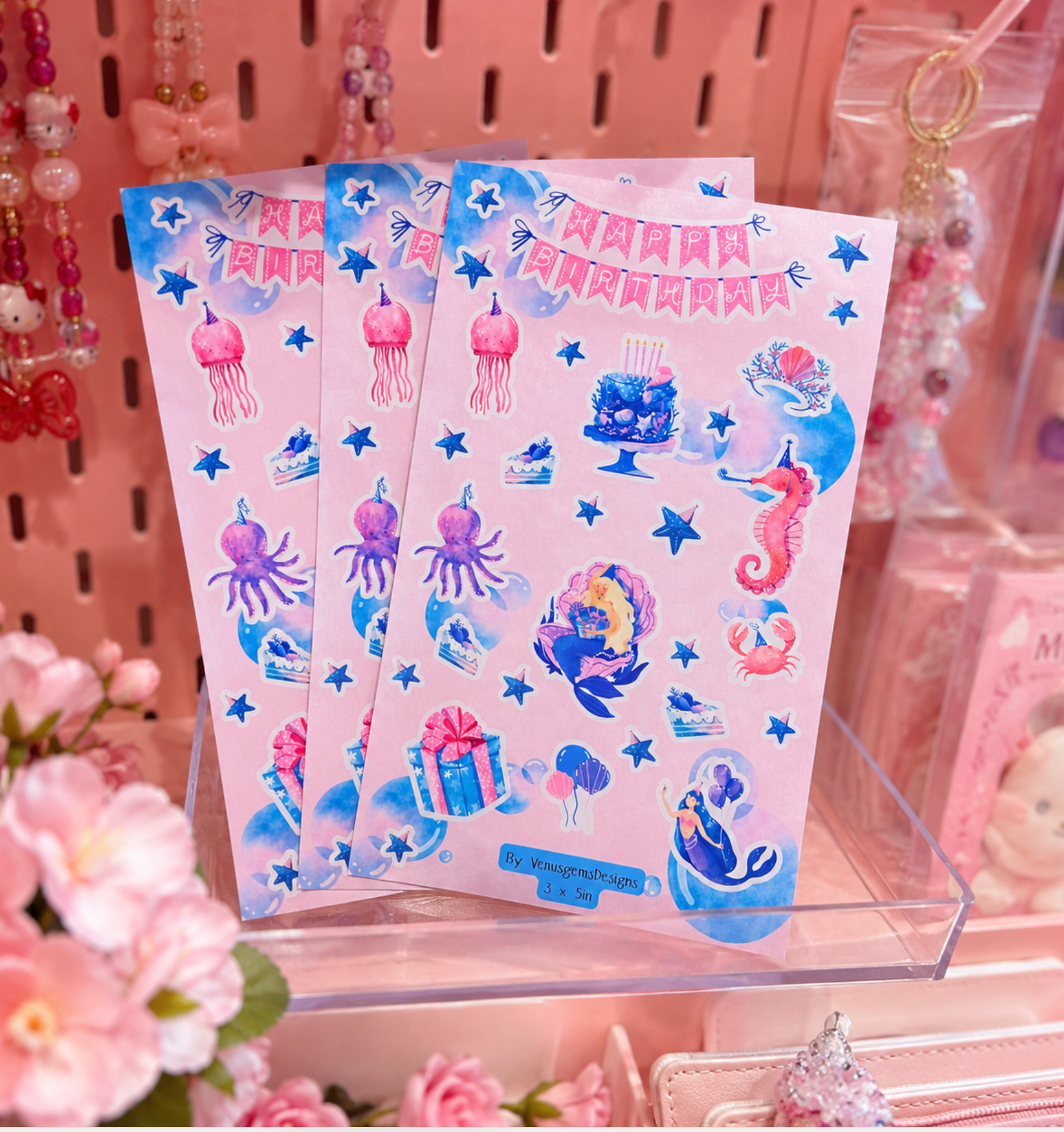 Mermaid Birthday Sticker Sheet Set ♡ Glossy or Glitter Stickers - 3x5in