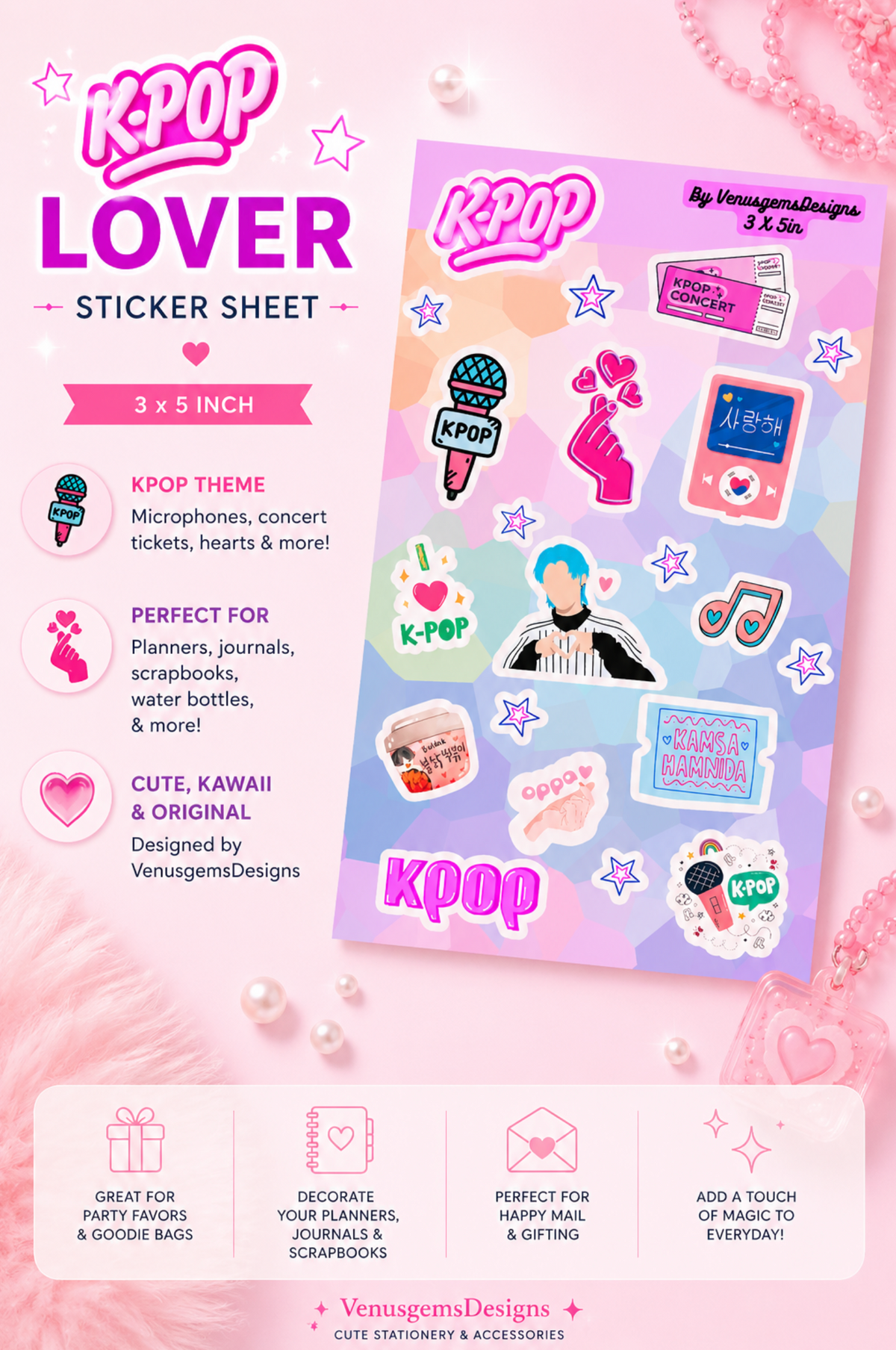 K-Pop Lover Sticker Sheet Set ♡ Glossy or Holographic Options | 3x5in