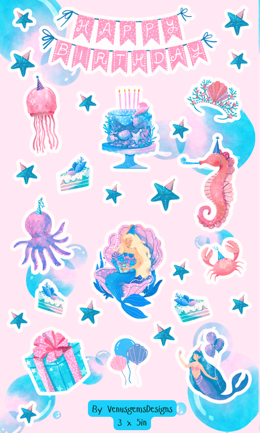 Mermaid Birthday Sticker Sheet Set ♡ Glossy or Glitter Stickers - 3x5in