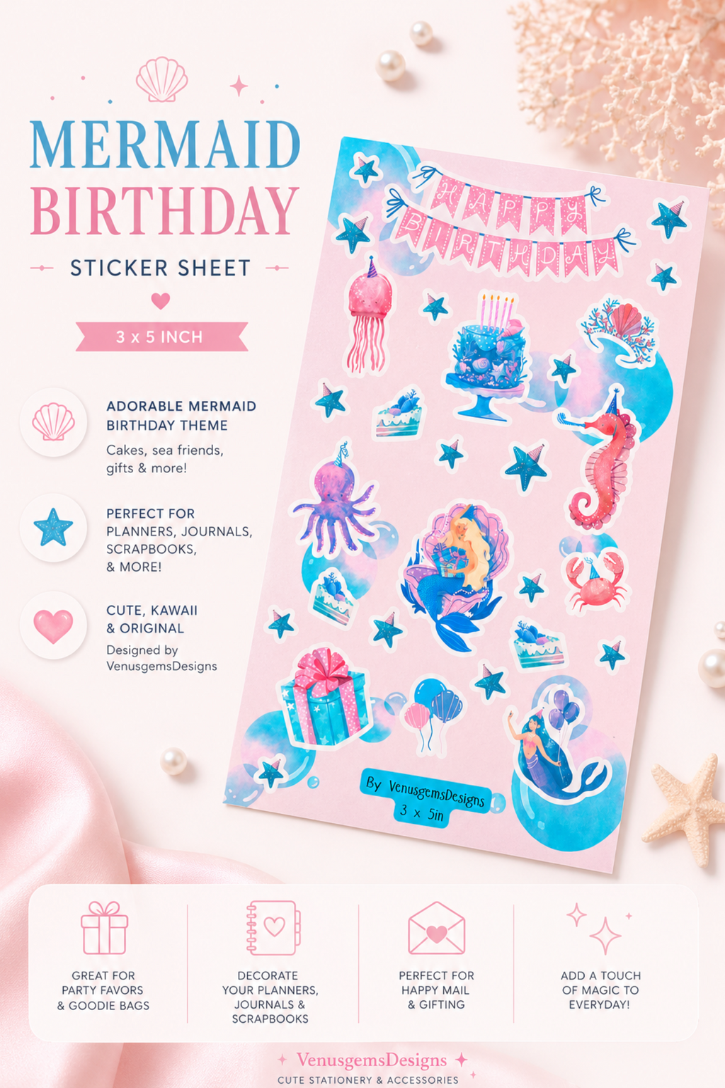Mermaid Birthday Sticker Sheet Set ♡ Glossy or Glitter Stickers - 3x5in