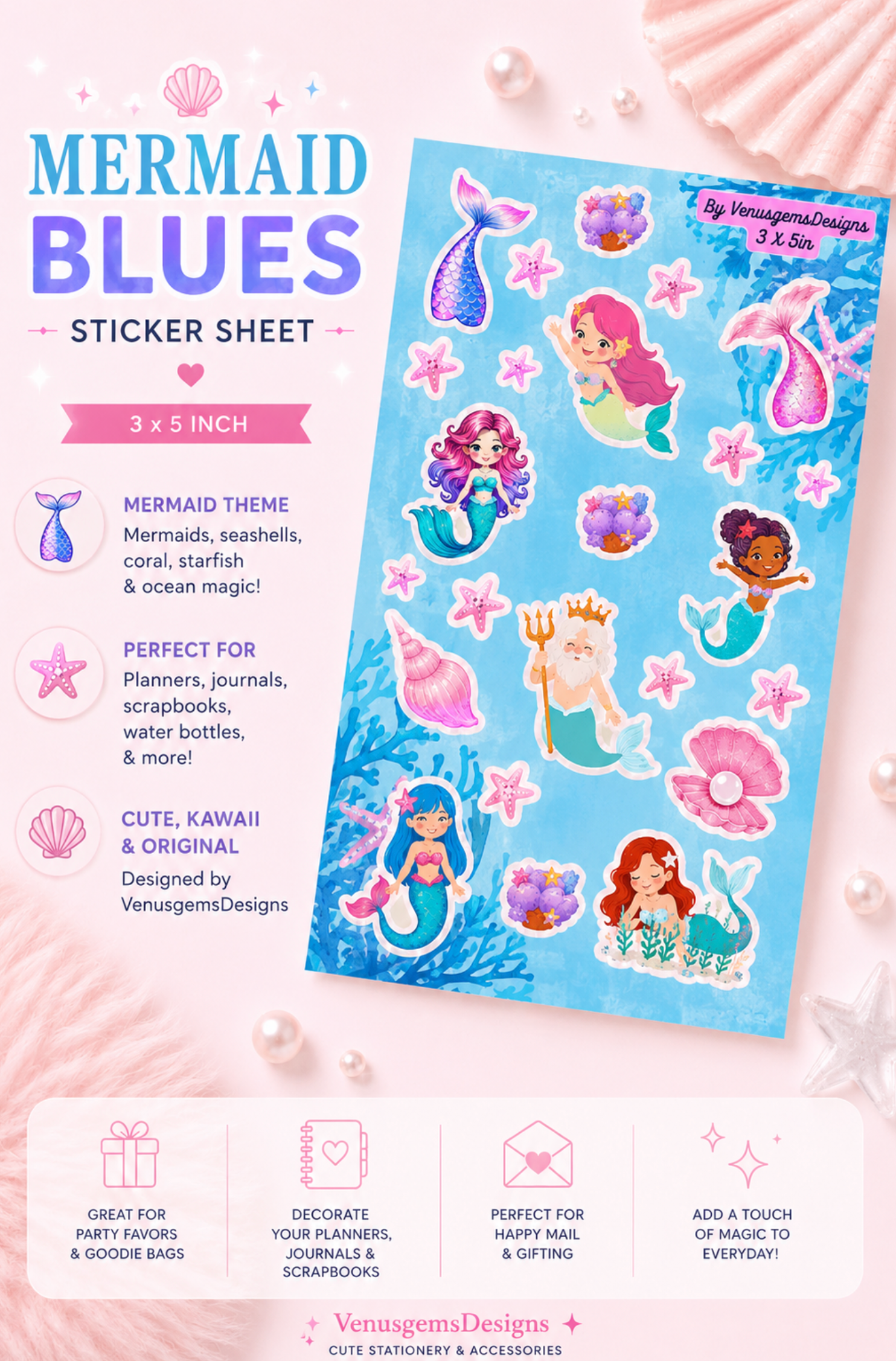 Mermaid Blues Sticker Sheet Set ♡ Glossy or Holographic Options | 3in x 5in